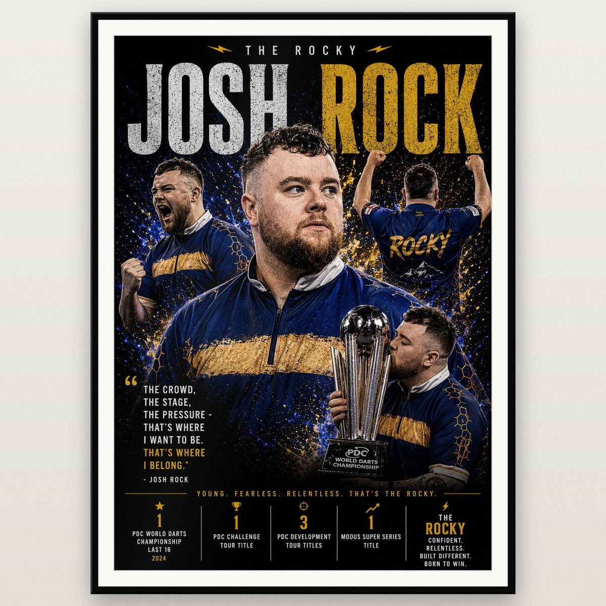 Josh Rock The Rocky Darts Print shown in a black frame