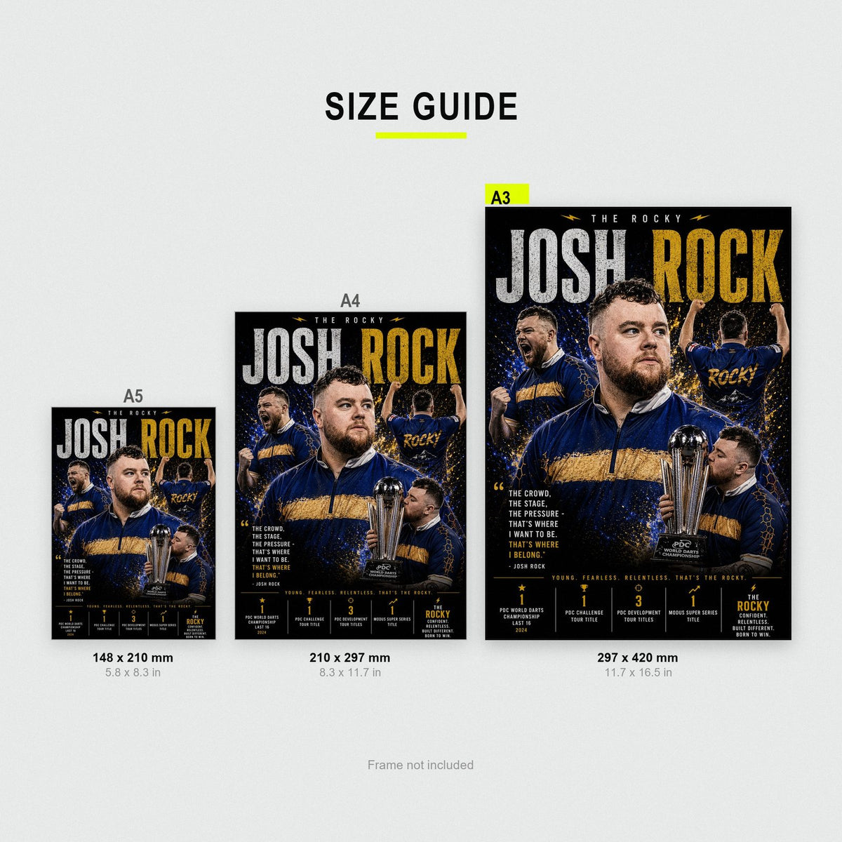 Josh Rock The Rocky Darts Print size guide showing A3, A4 and A5