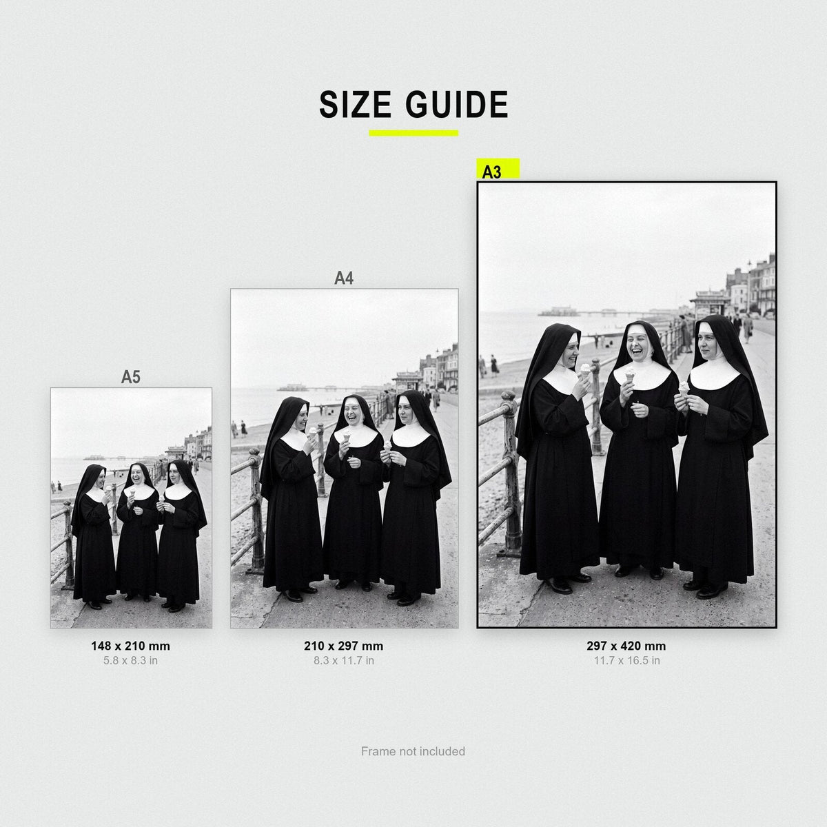 Nuns With Ice Creams print size comparison, A5 A4 and A3