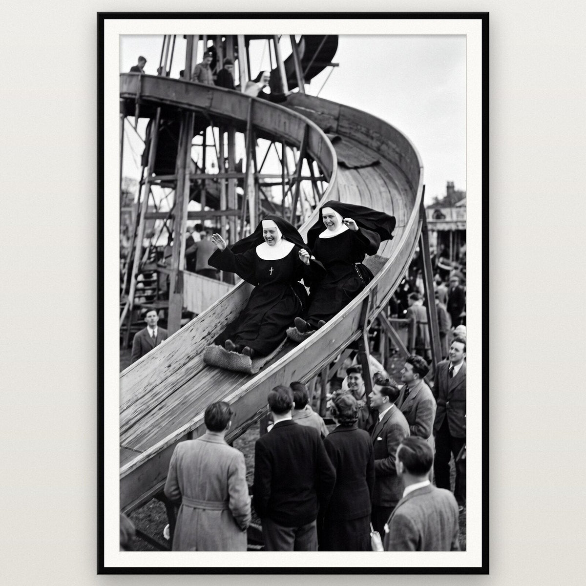 Nuns On The Helter Skelter shown framed on a wall