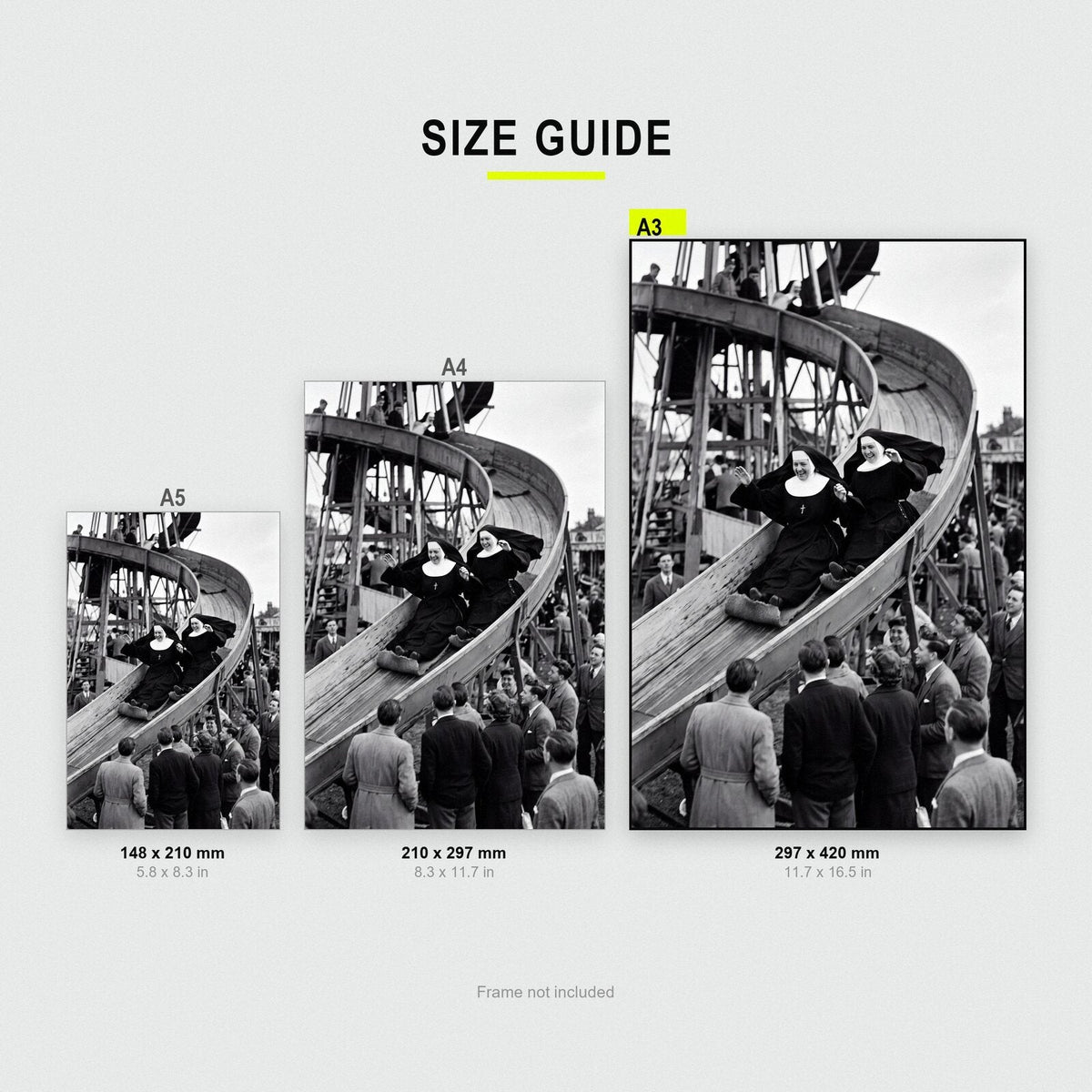 Nuns On The Helter Skelter print size comparison, A5 A4 and A3