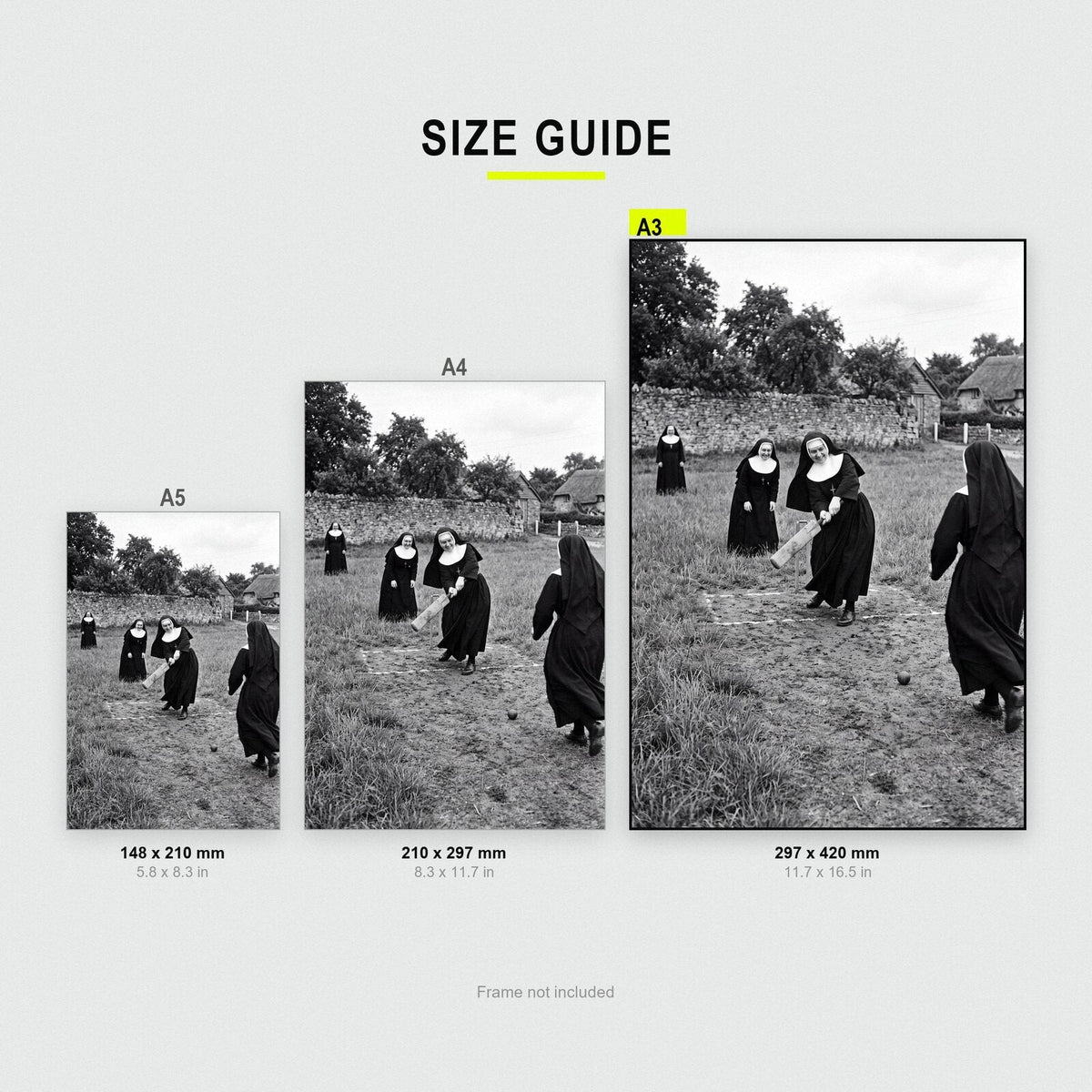 Nuns Playing Cricket print size comparison, A5 A4 and A3