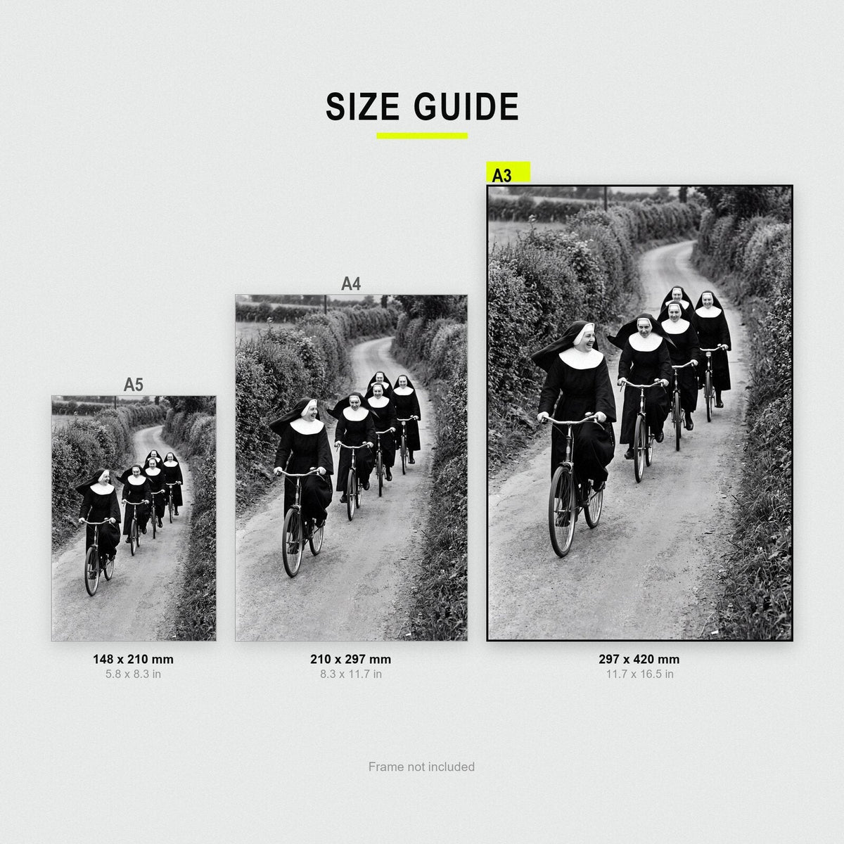 Nuns On Bicycles print size comparison, A5 A4 and A3