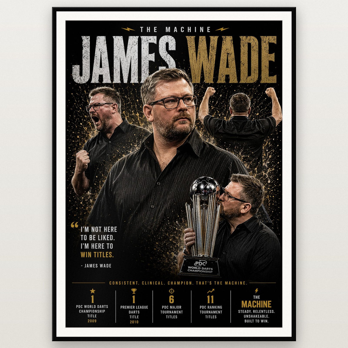James Wade "The Machine" Darts Print shown in a black frame