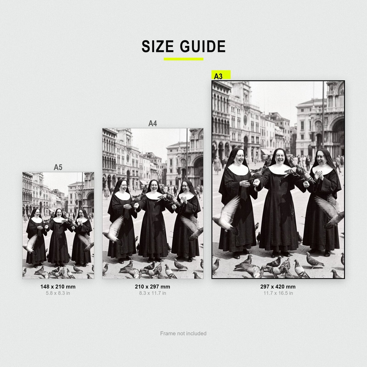 Nuns And The Pigeons print size comparison, A5 A4 and A3