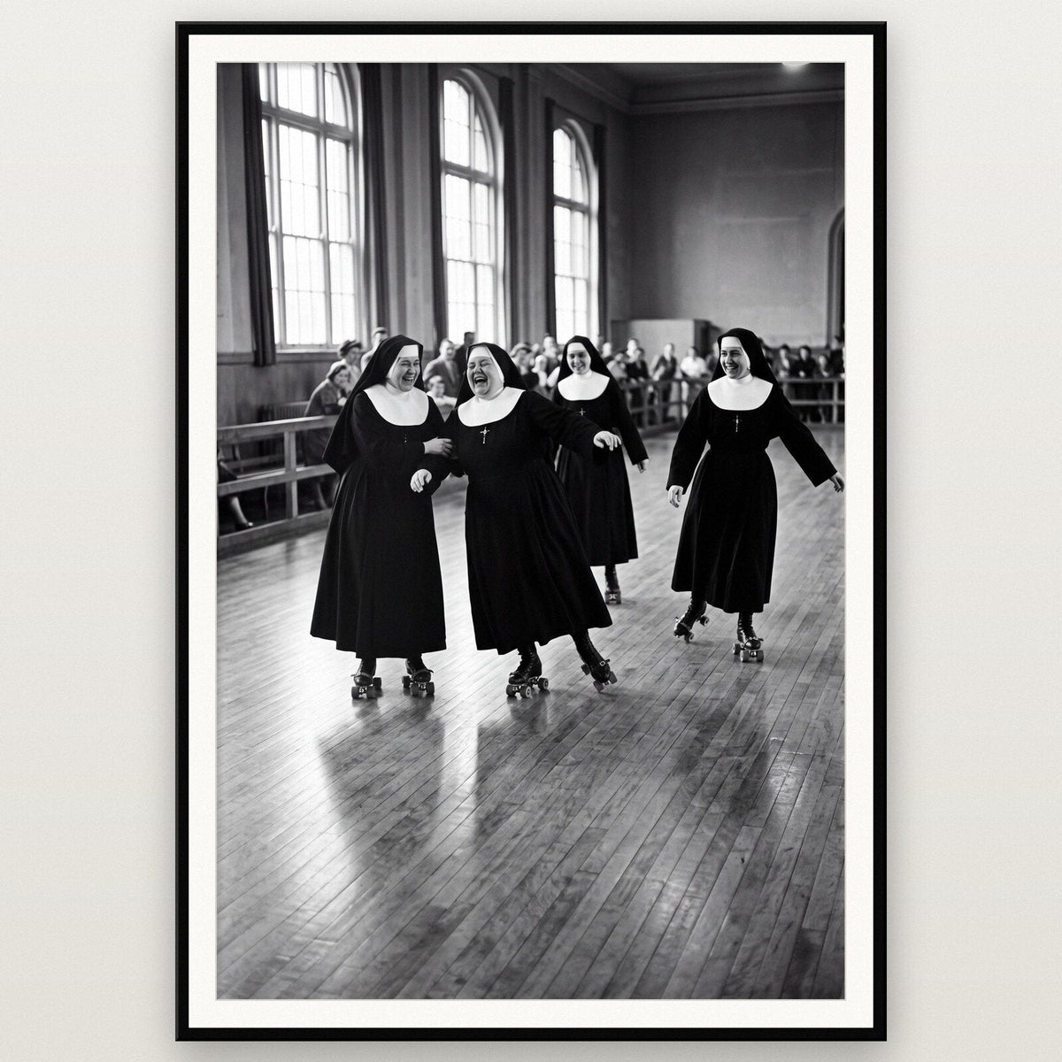 Nuns Roller Skating shown framed on a wall