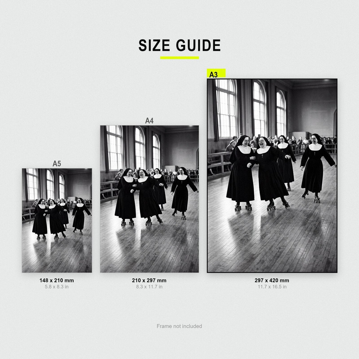Nuns Roller Skating print size comparison, A5 A4 and A3