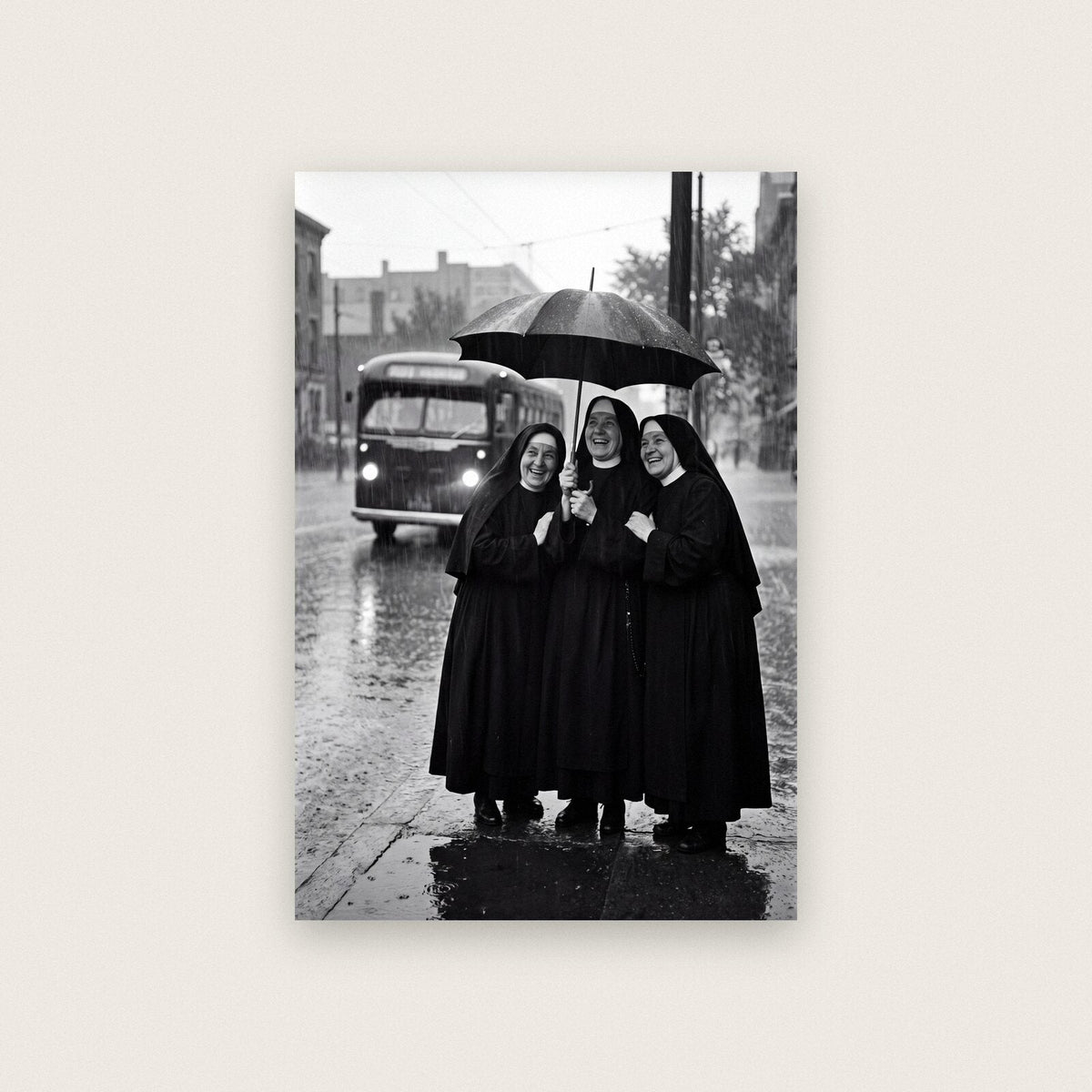 Nuns Under One Umbrella — black and white photographic art print