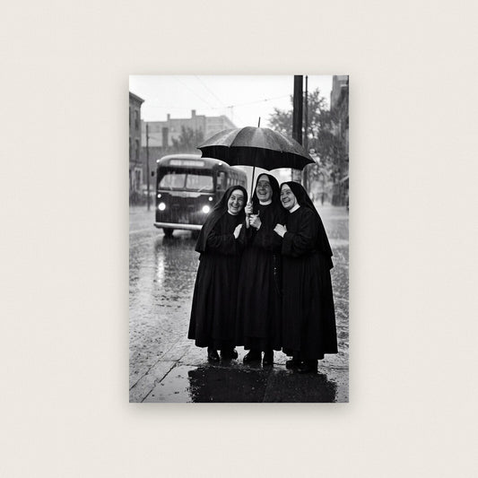 Nuns Under One Umbrella — black and white photographic art print