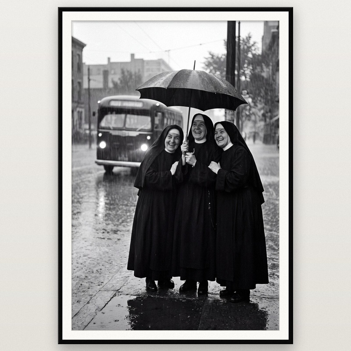 Nuns Under One Umbrella shown framed on a wall