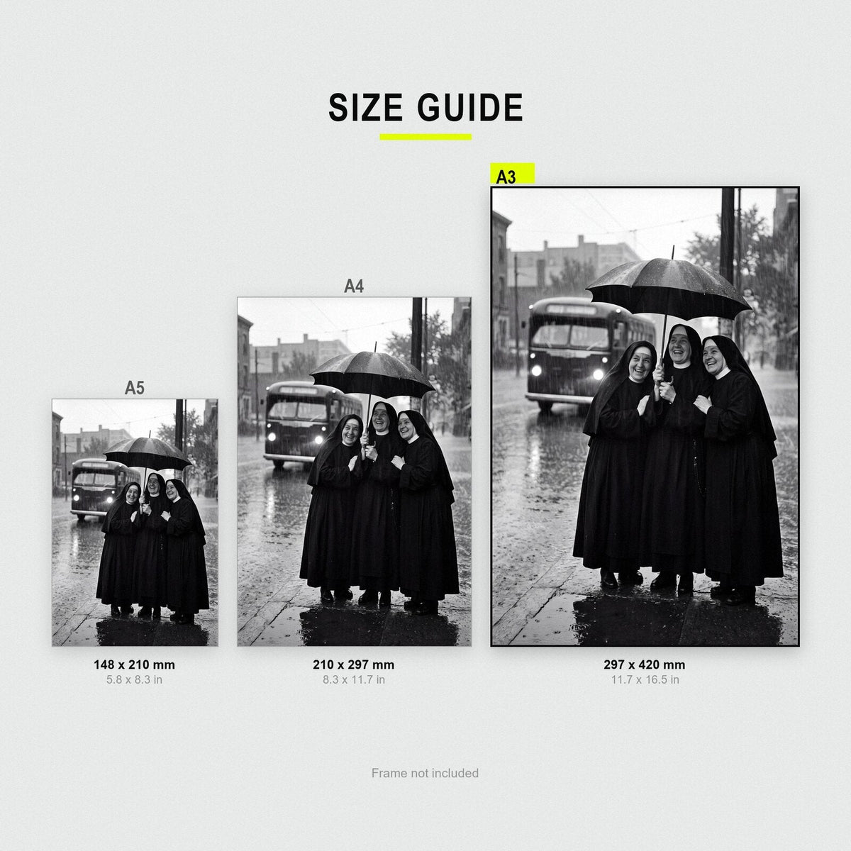Nuns Under One Umbrella print size comparison, A5 A4 and A3