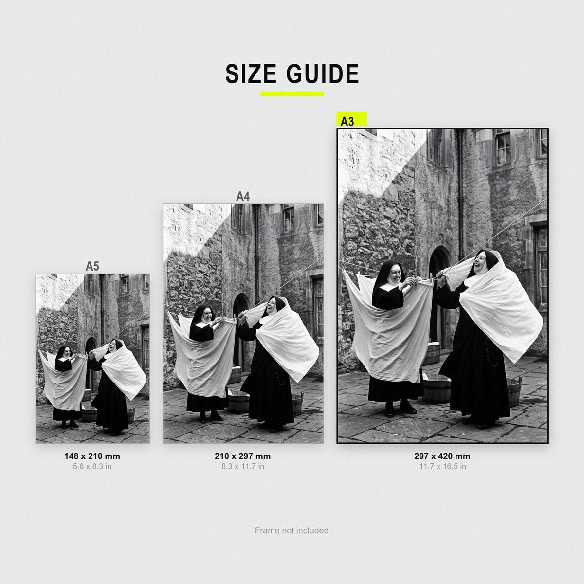 Nuns Hanging Out The Washing print size comparison, A5 A4 and A3
