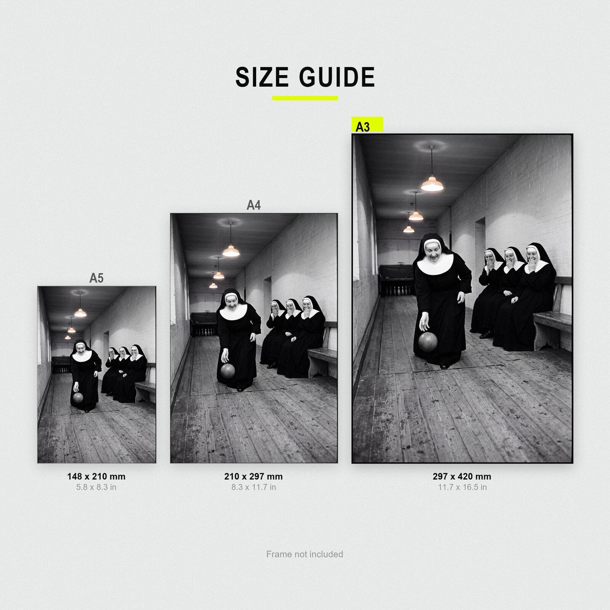 Nuns Playing Skittles print size comparison, A5 A4 and A3