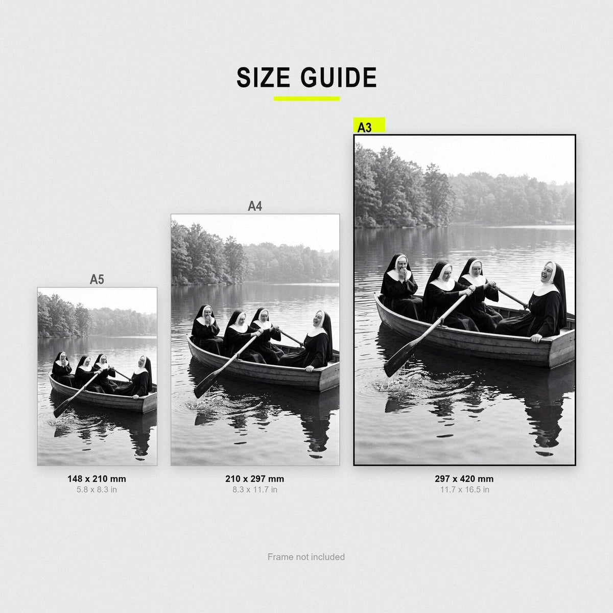 Nuns In A Rowing Boat print size comparison, A5 A4 and A3