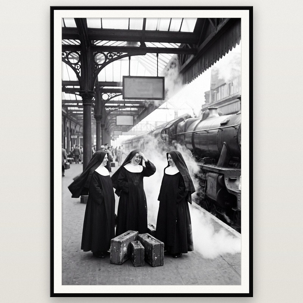 Nuns On The Platform shown framed on a wall