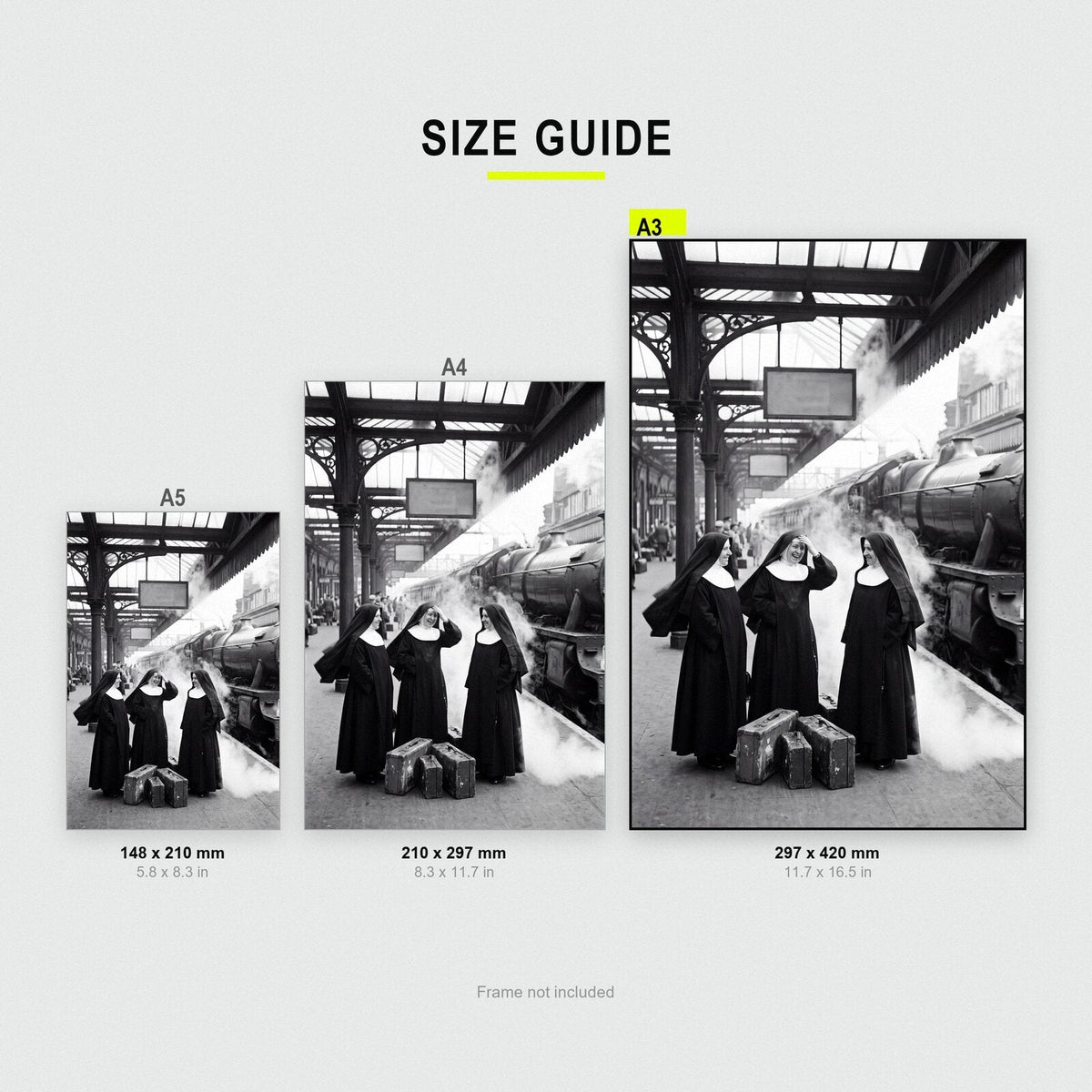 Nuns On The Platform print size comparison, A5 A4 and A3