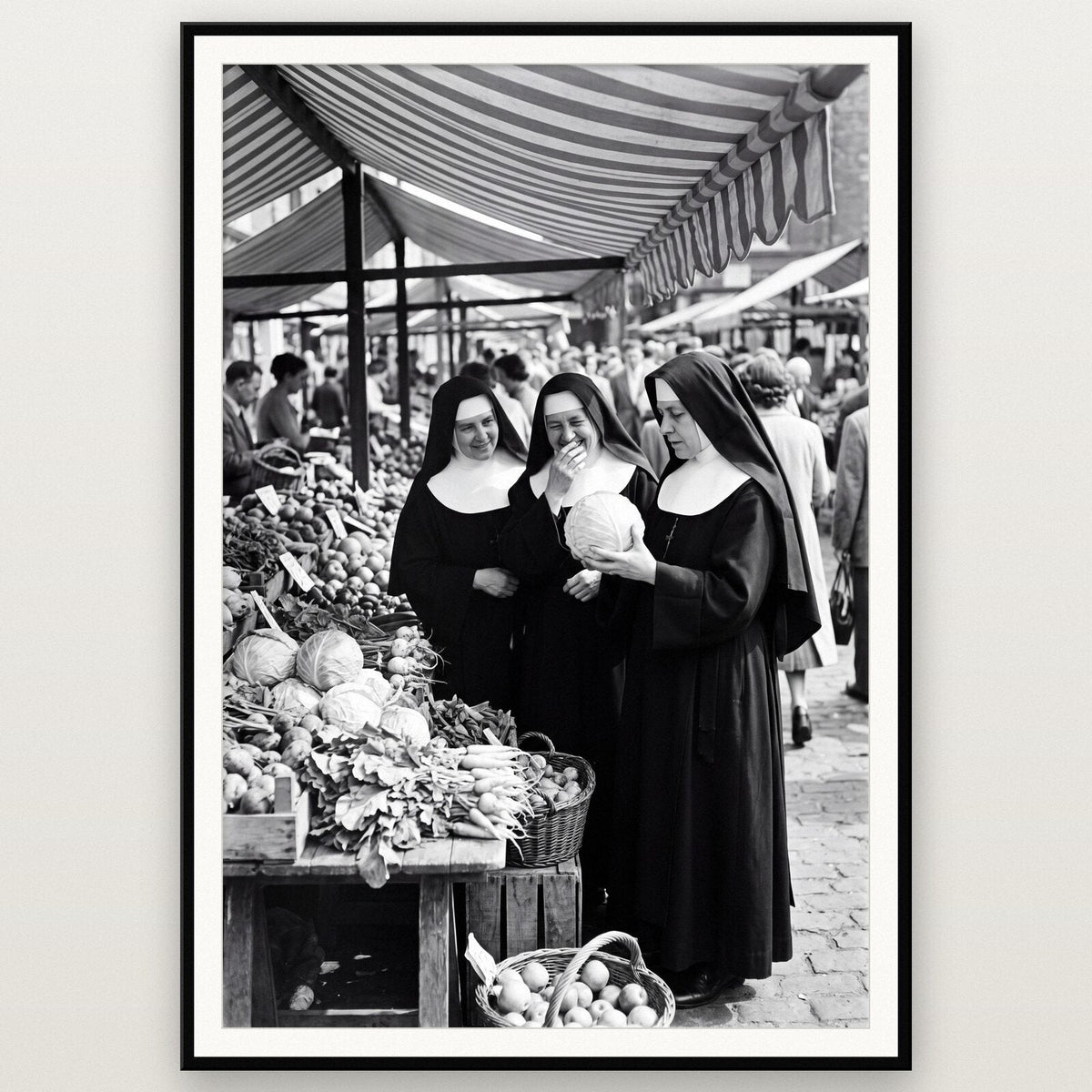Nuns At The Market shown framed on a wall