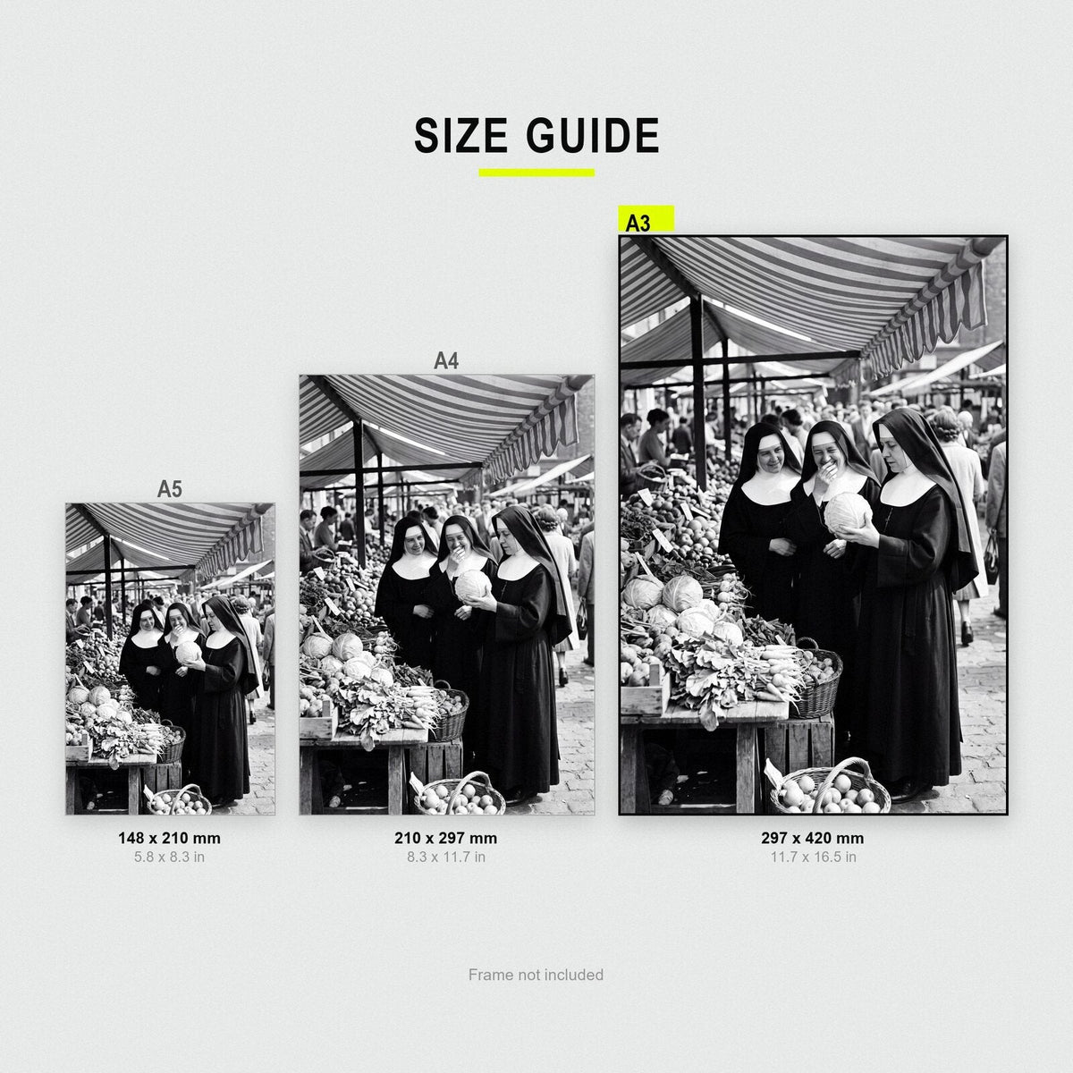 Nuns At The Market print size comparison, A5 A4 and A3