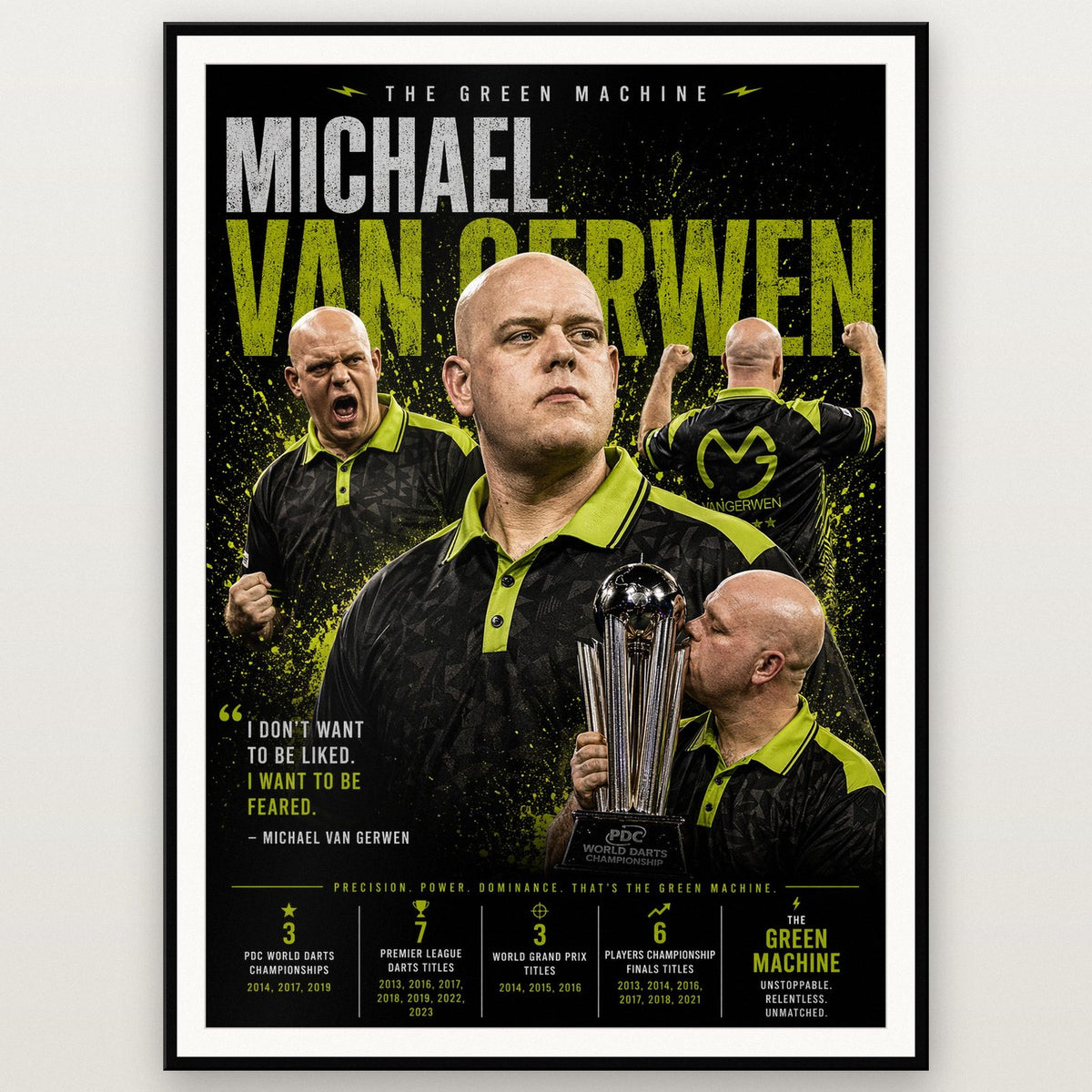 Michael Van Gerwen "Green Machine" Darts Print shown in a black frame