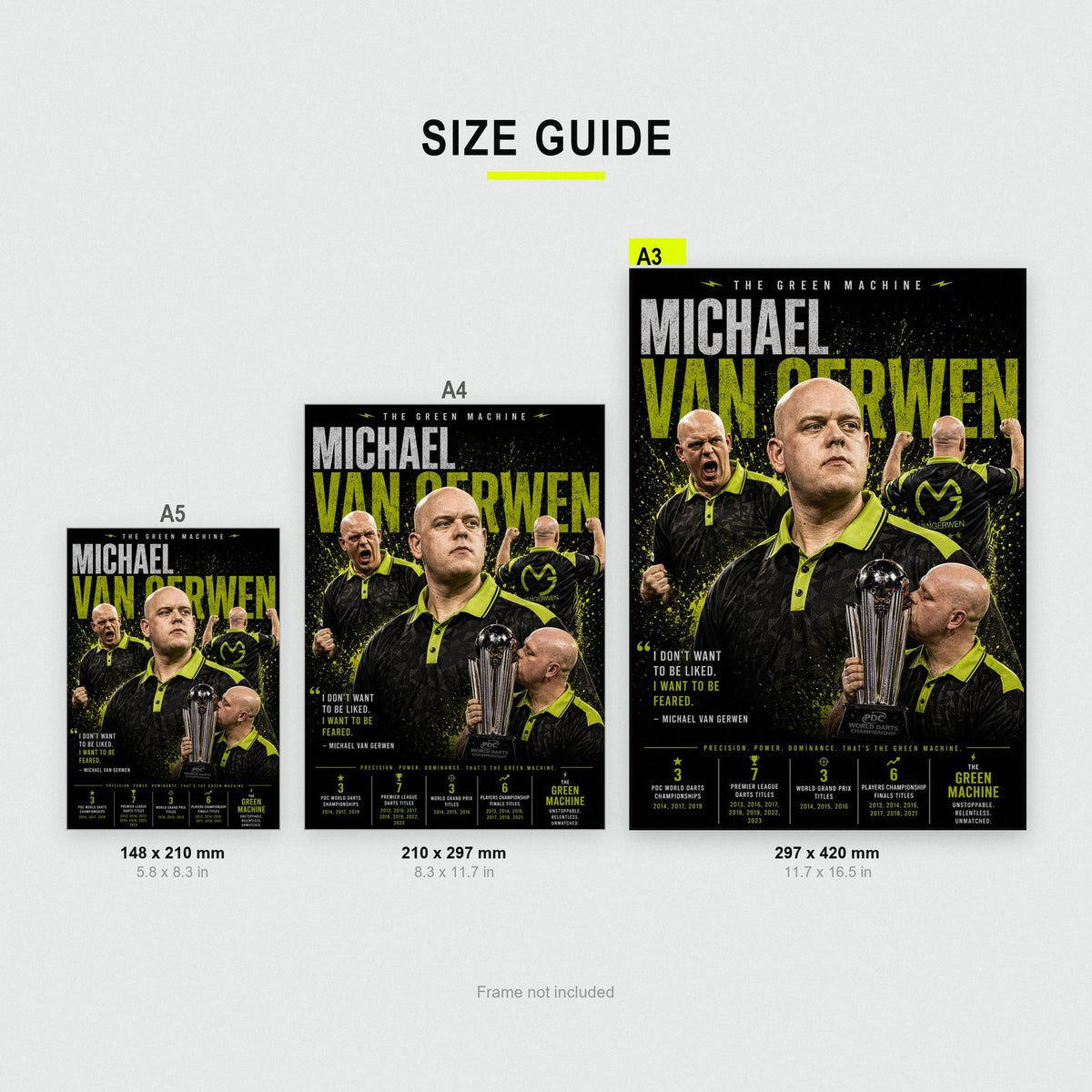 Michael Van Gerwen "Green Machine" Darts Print size guide showing A3, A4 and A5