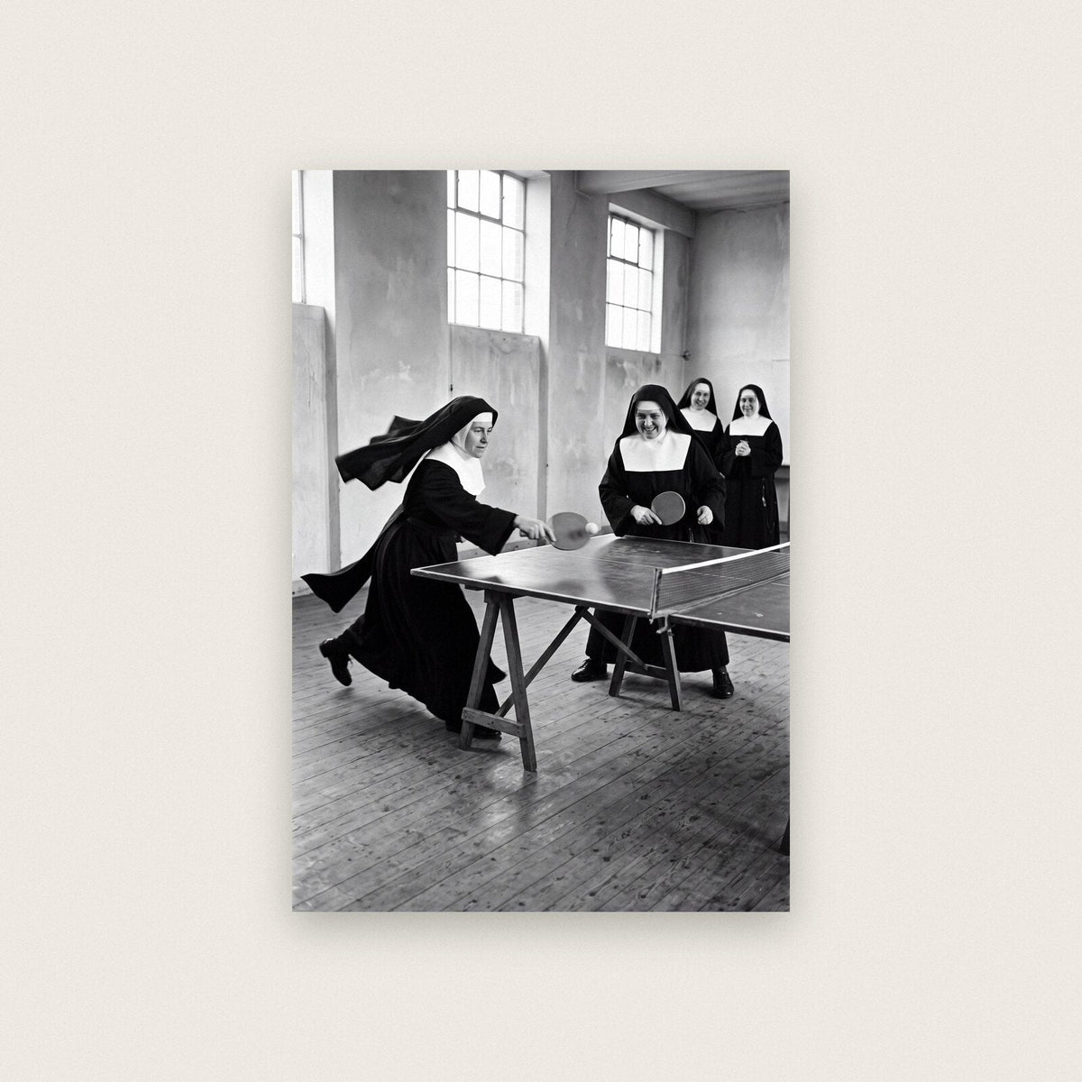 Nuns Playing Table Tennis — black and white photographic art print