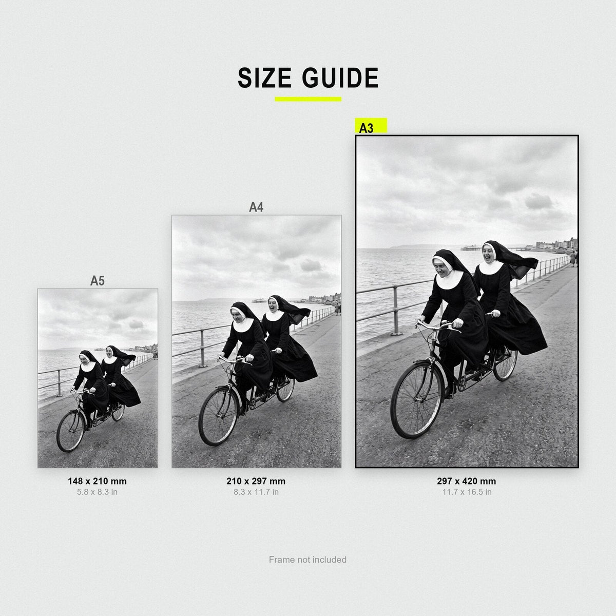 Nuns On A Tandem print size comparison, A5 A4 and A3