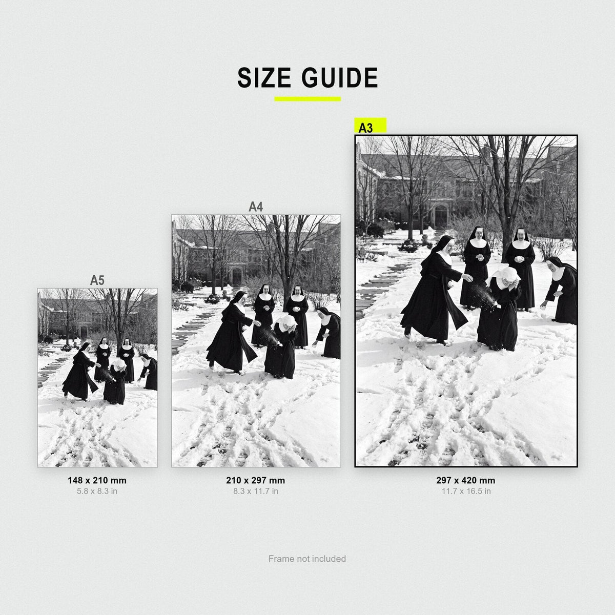 Nuns In The Snow print size comparison, A5 A4 and A3