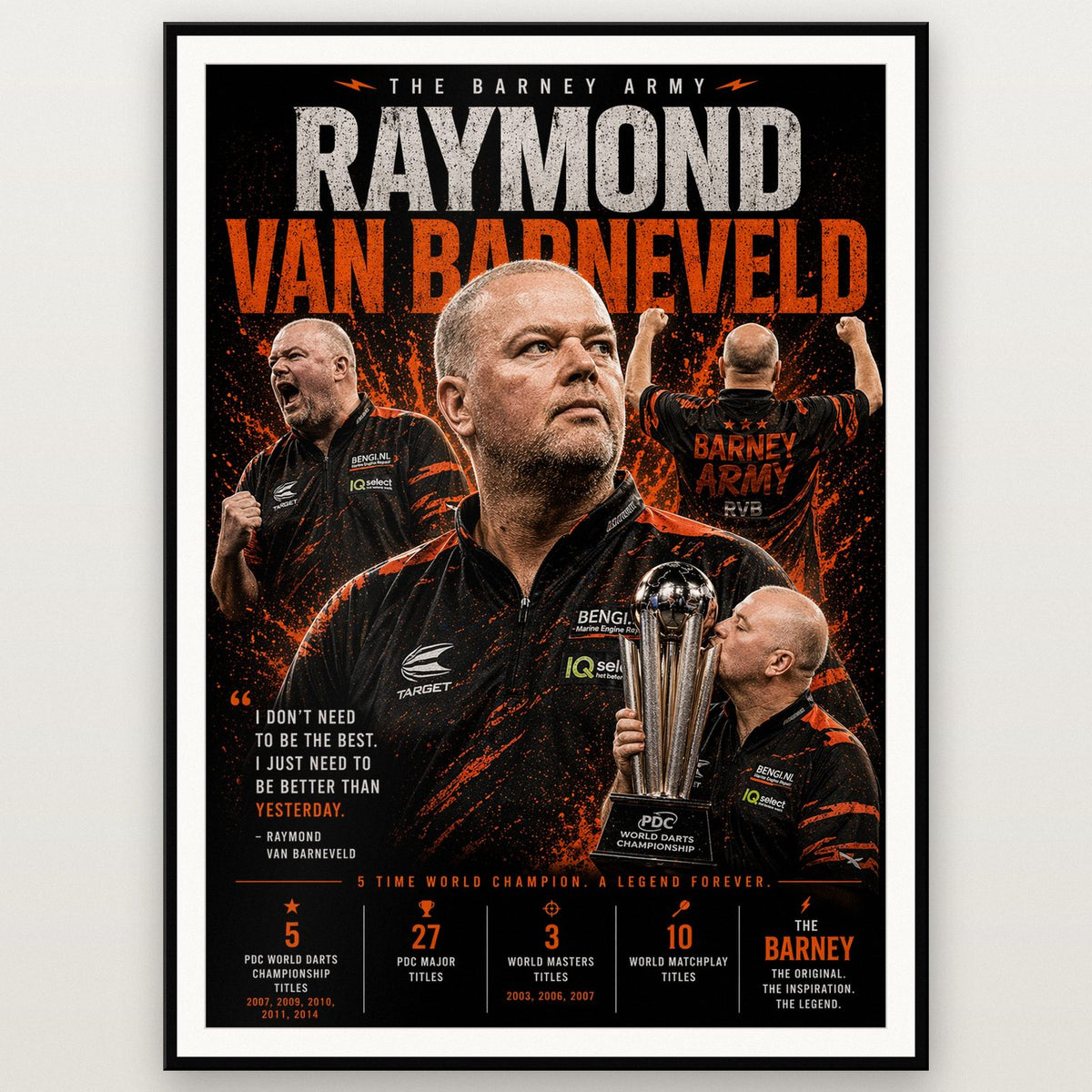 Raymond Van Barneveld Darts Print shown in a black frame