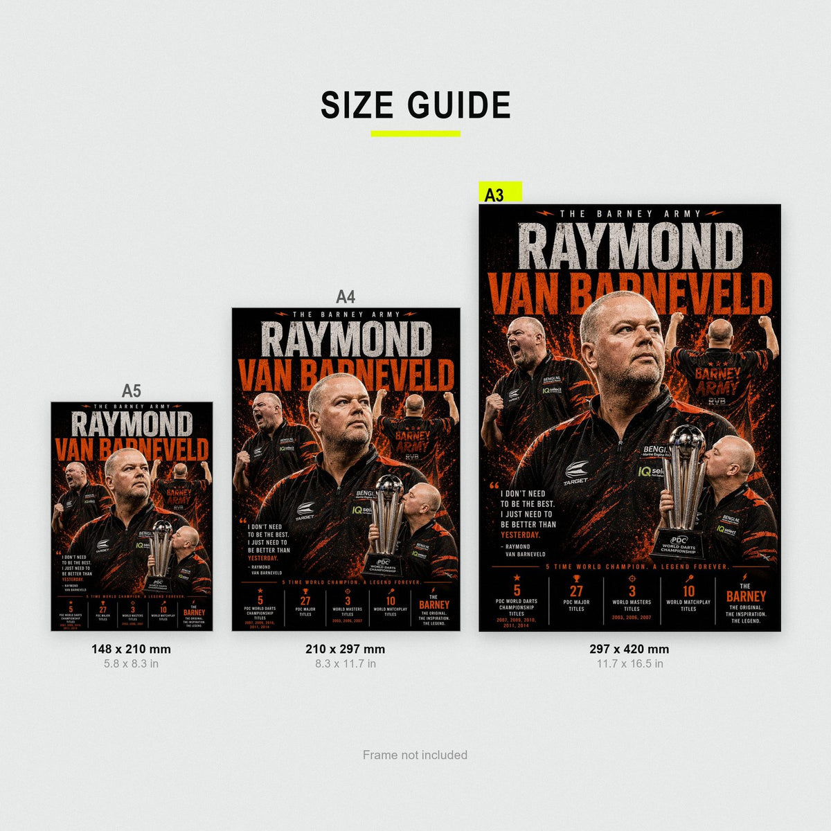 Raymond Van Barneveld Darts Print size guide showing A3, A4 and A5