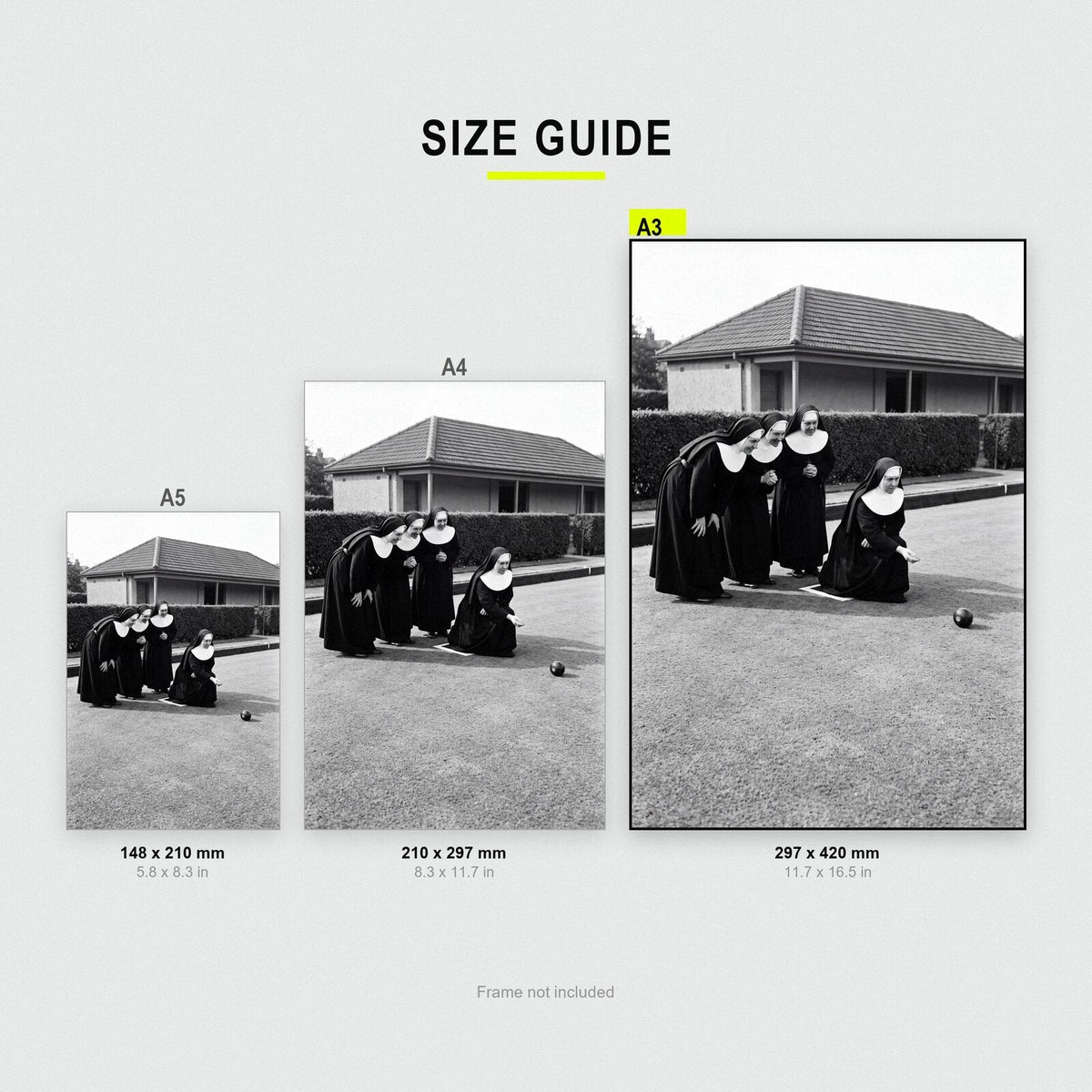 Nuns Playing Bowls print size comparison, A5 A4 and A3
