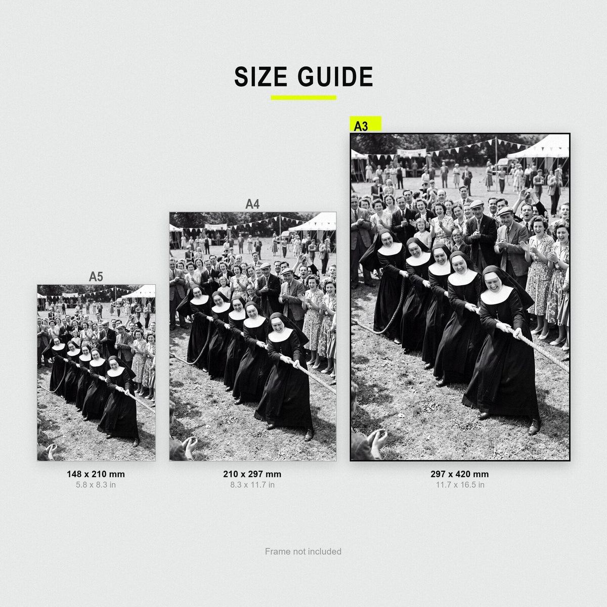 Nuns At The Tug Of War print size comparison, A5 A4 and A3