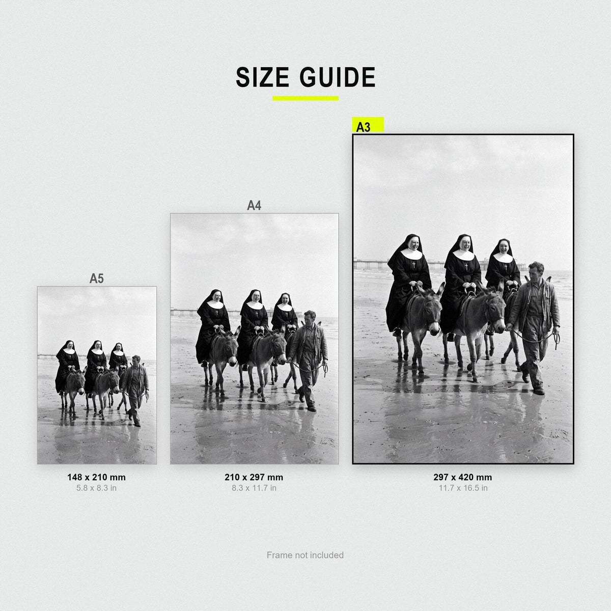 Nuns On The Donkeys print size comparison, A5 A4 and A3