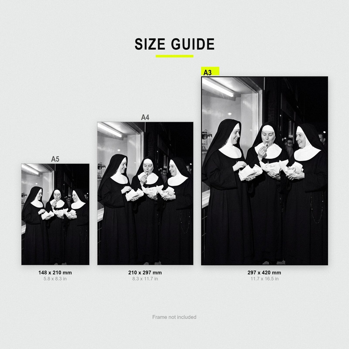 Nuns At The Chip Shop print size comparison, A5 A4 and A3
