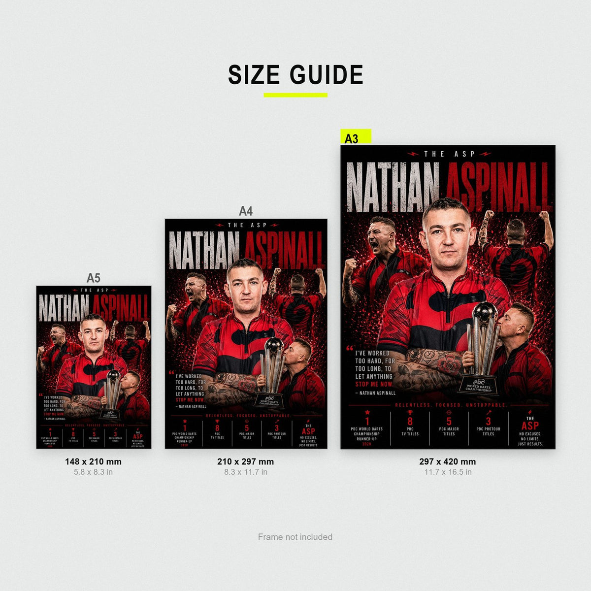 Nathan Aspinall "The Asp" Darts Print size guide showing A3, A4 and A5