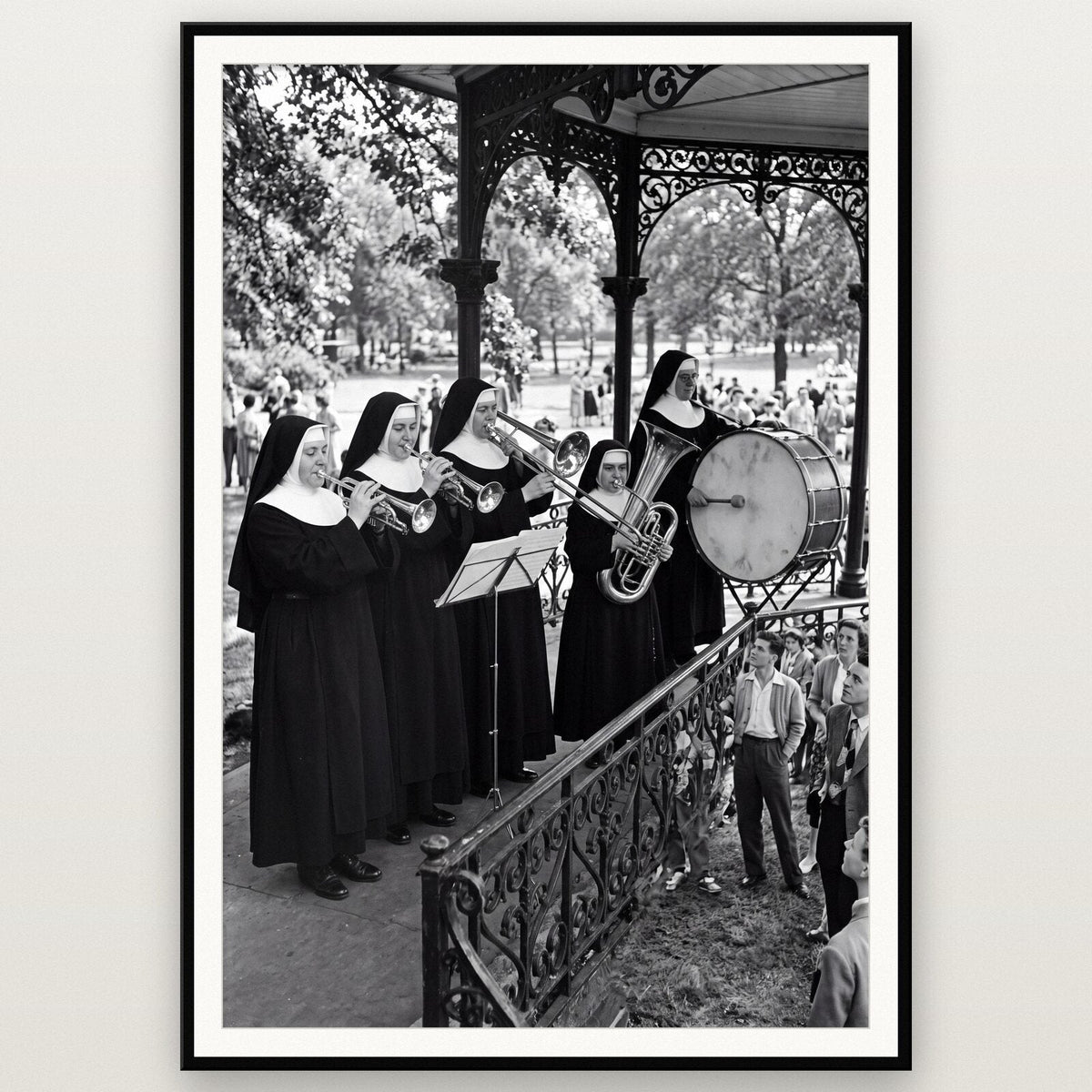 Nuns And The Brass Band shown framed on a wall