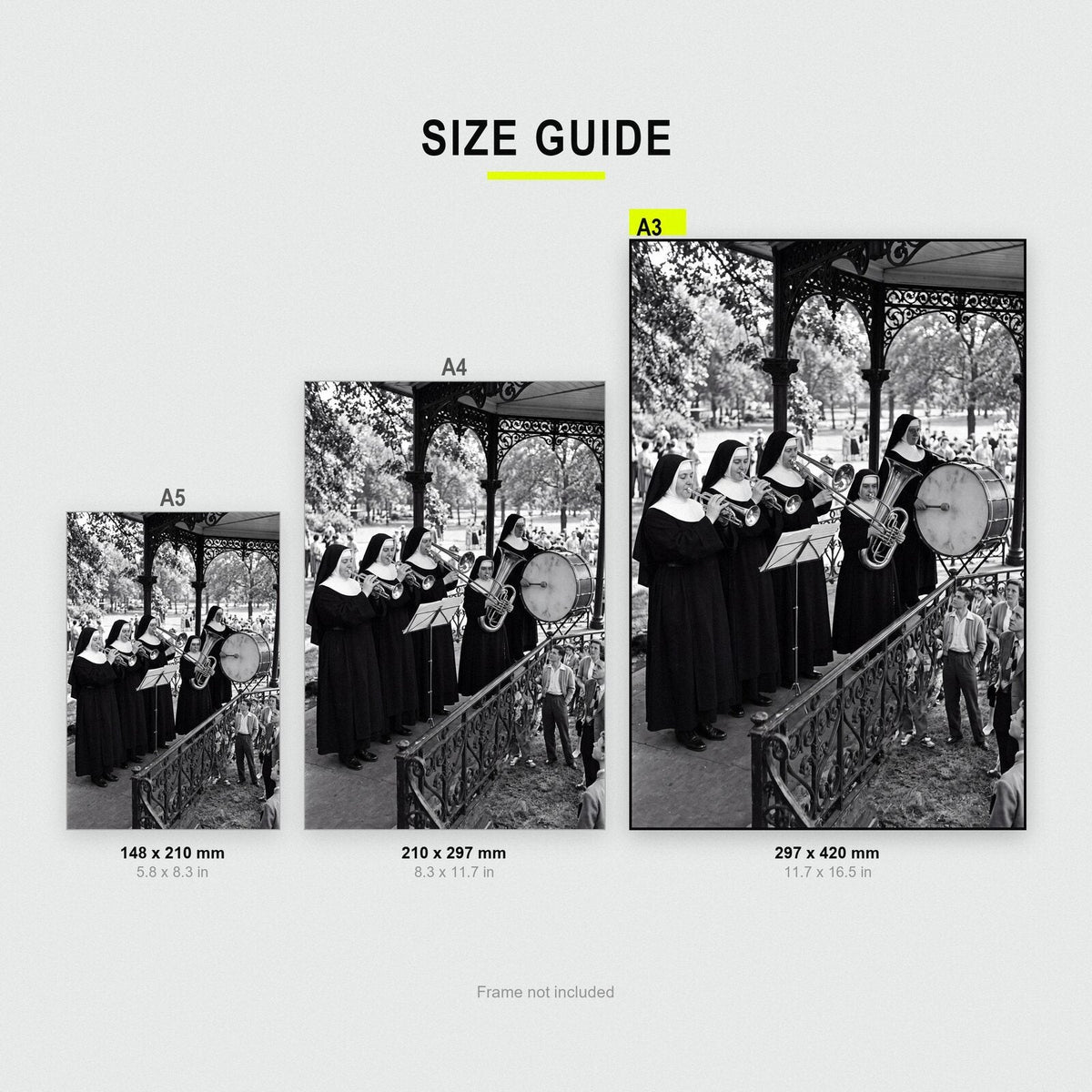 Nuns And The Brass Band print size comparison, A5 A4 and A3