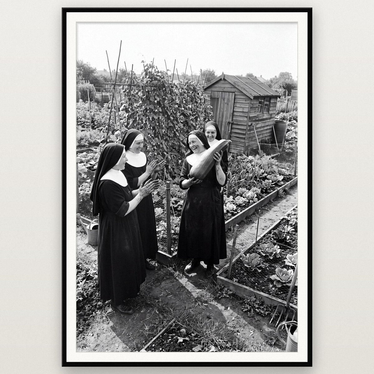 Nuns On The Allotment shown framed on a wall
