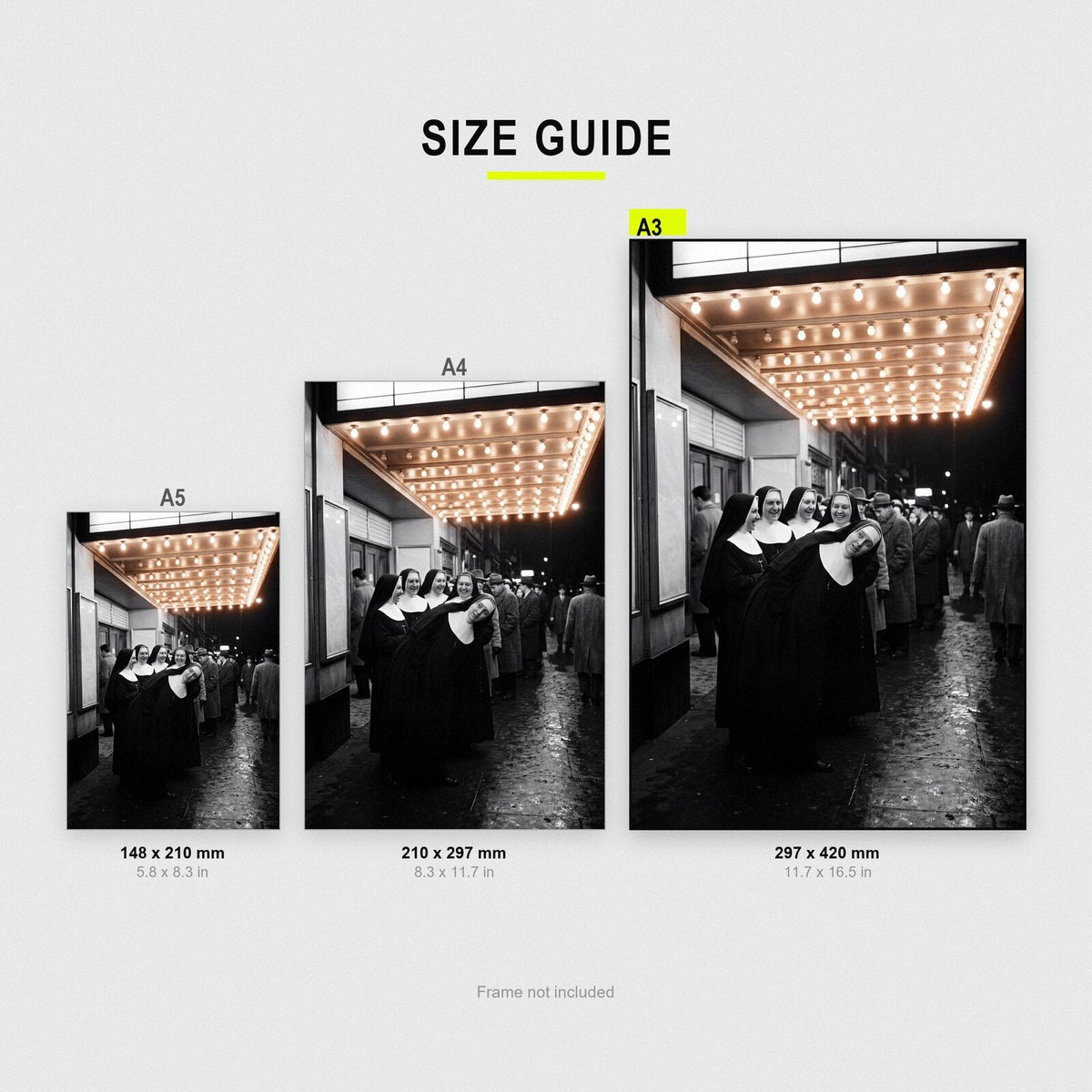 Nuns At The Pictures print size comparison, A5 A4 and A3