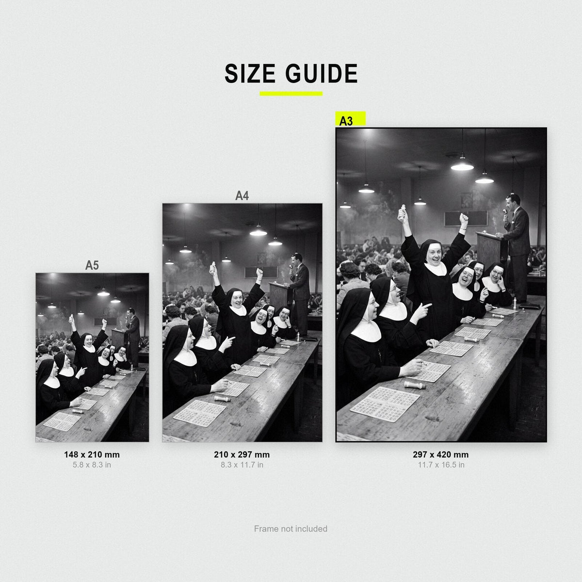 Nuns At The Bingo print size comparison, A5 A4 and A3