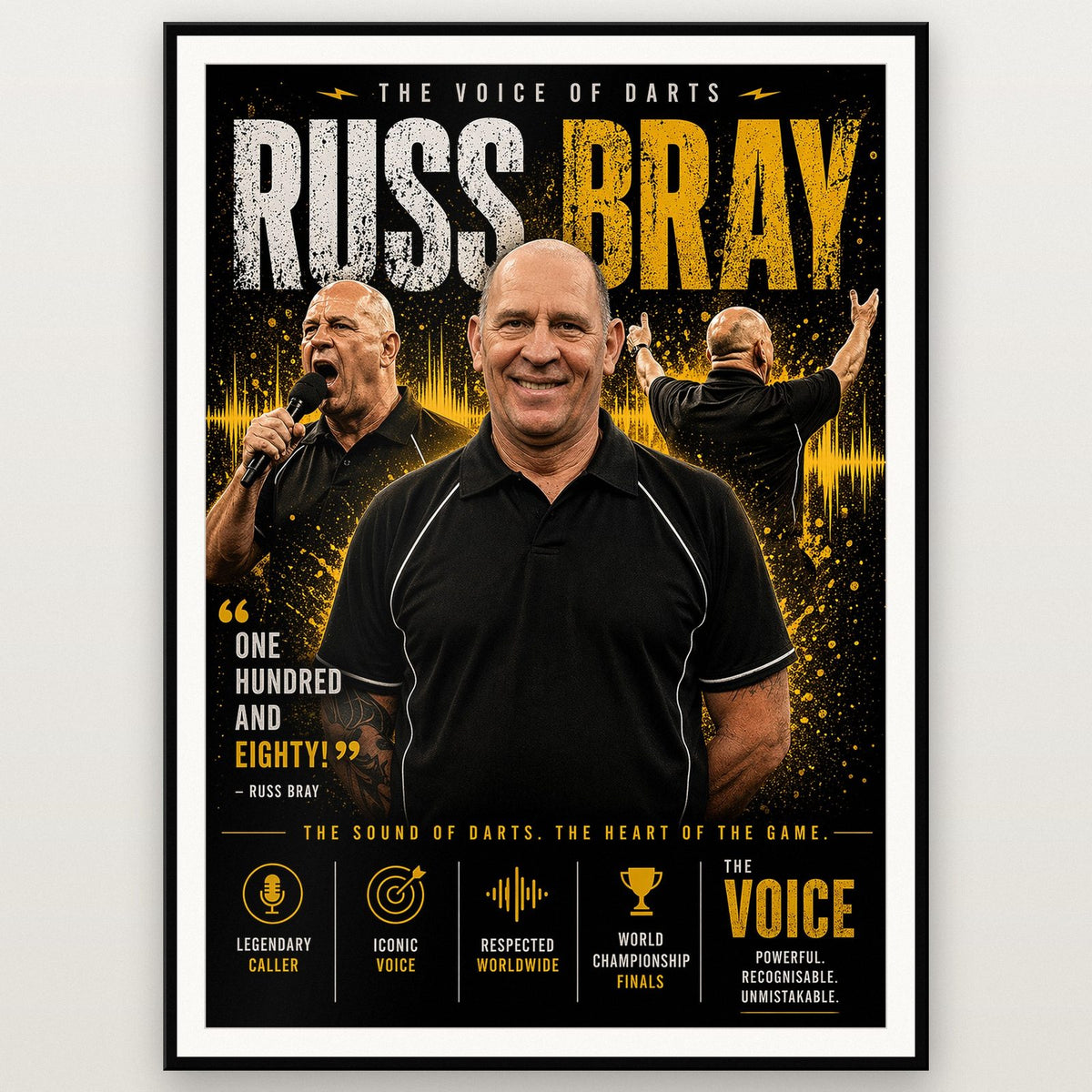 Russ Bray "The Voice of Darts" Print shown in a black frame