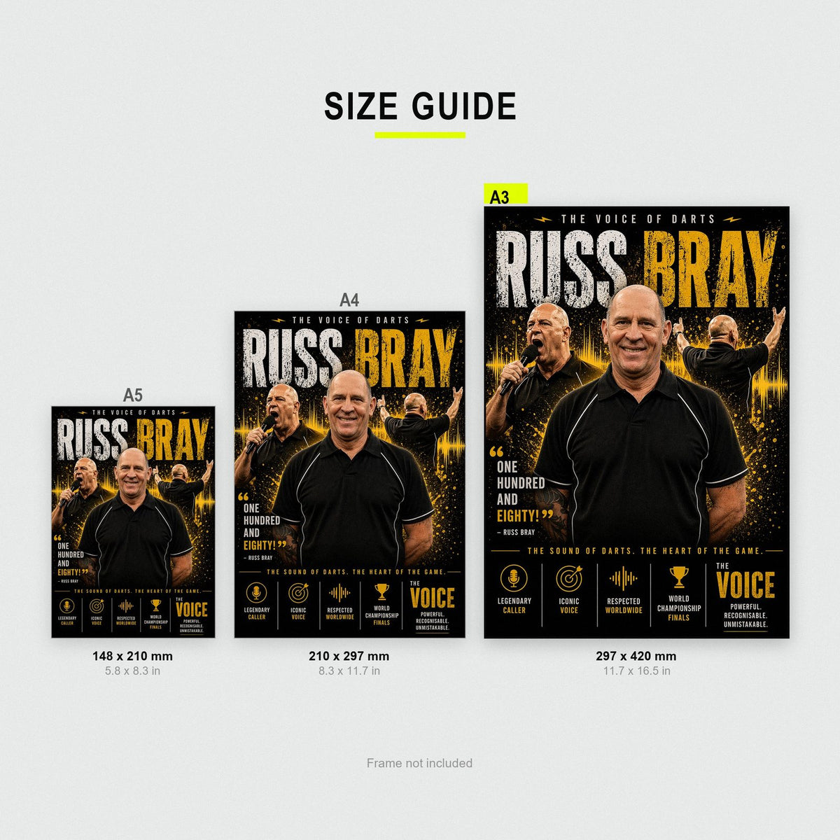 Russ Bray "The Voice of Darts" Print size guide showing A3, A4 and A5