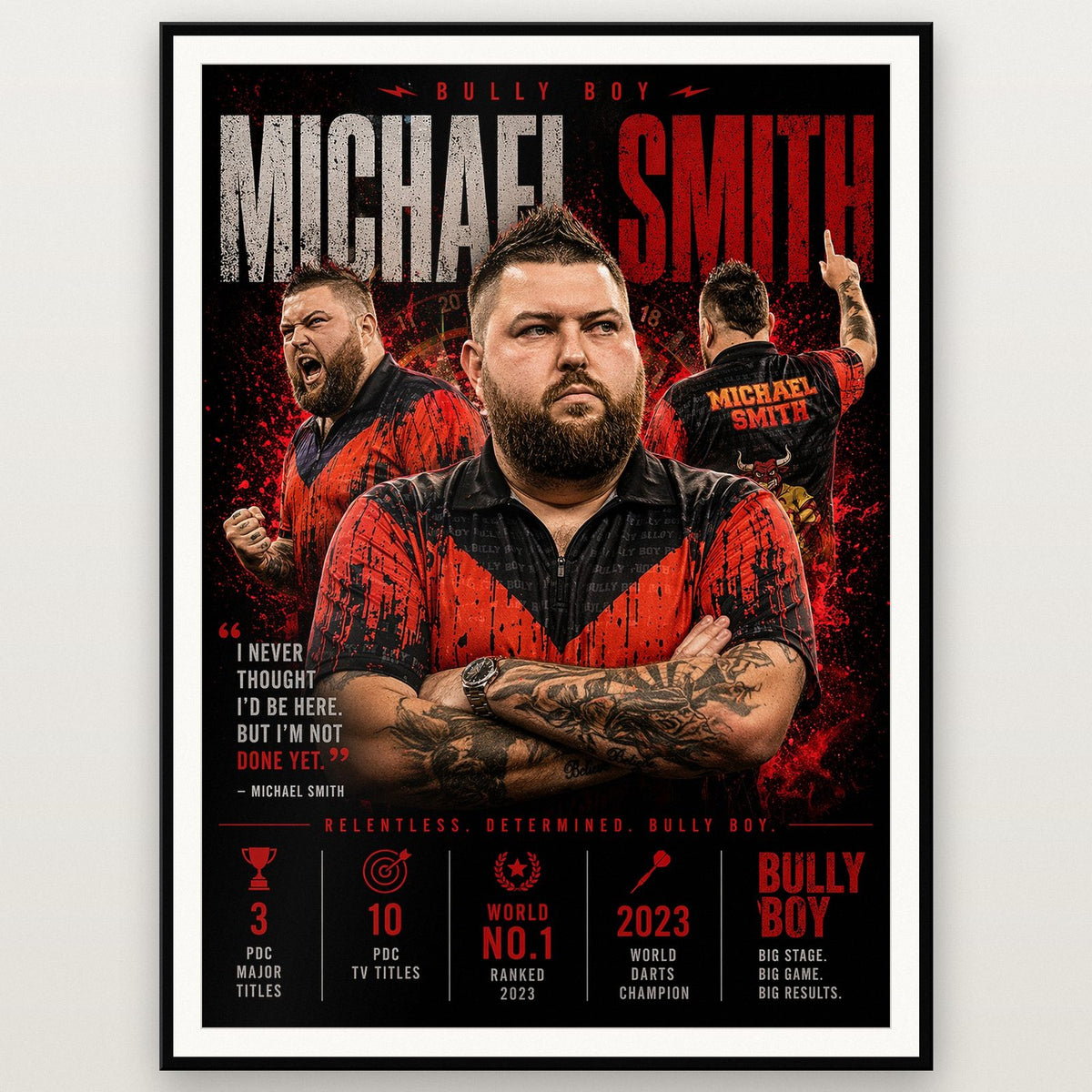 Michael Smith Bully Boy Darts Print shown in a black frame