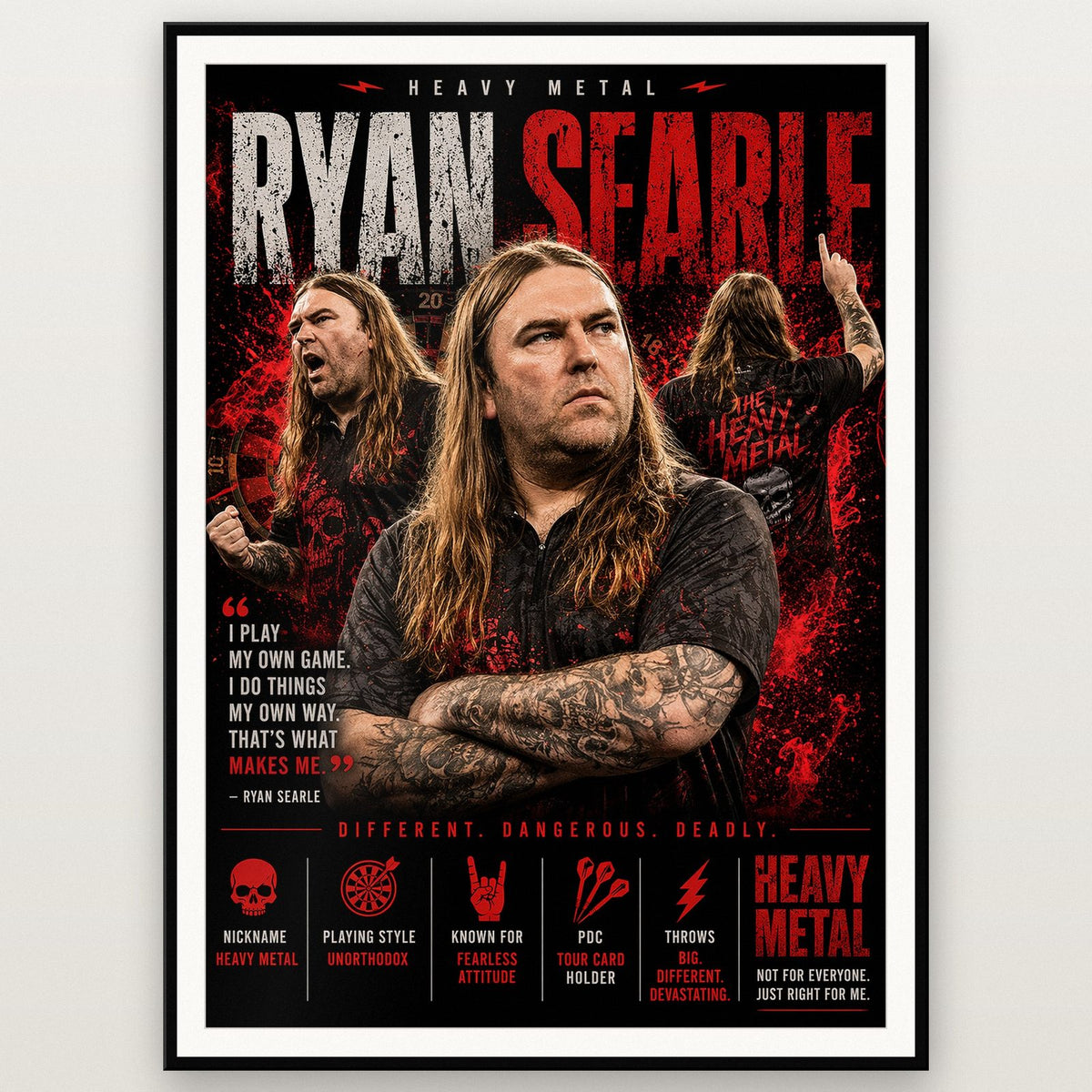 Ryan Searle Heavy Metal Darts Print shown in a black frame
