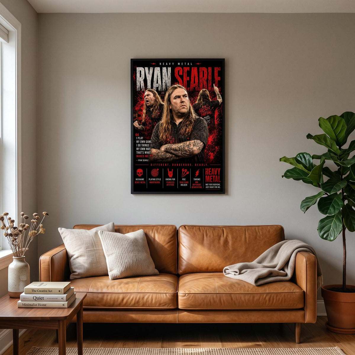 Ryan Searle Heavy Metal Darts Print hanging on a living room wall
