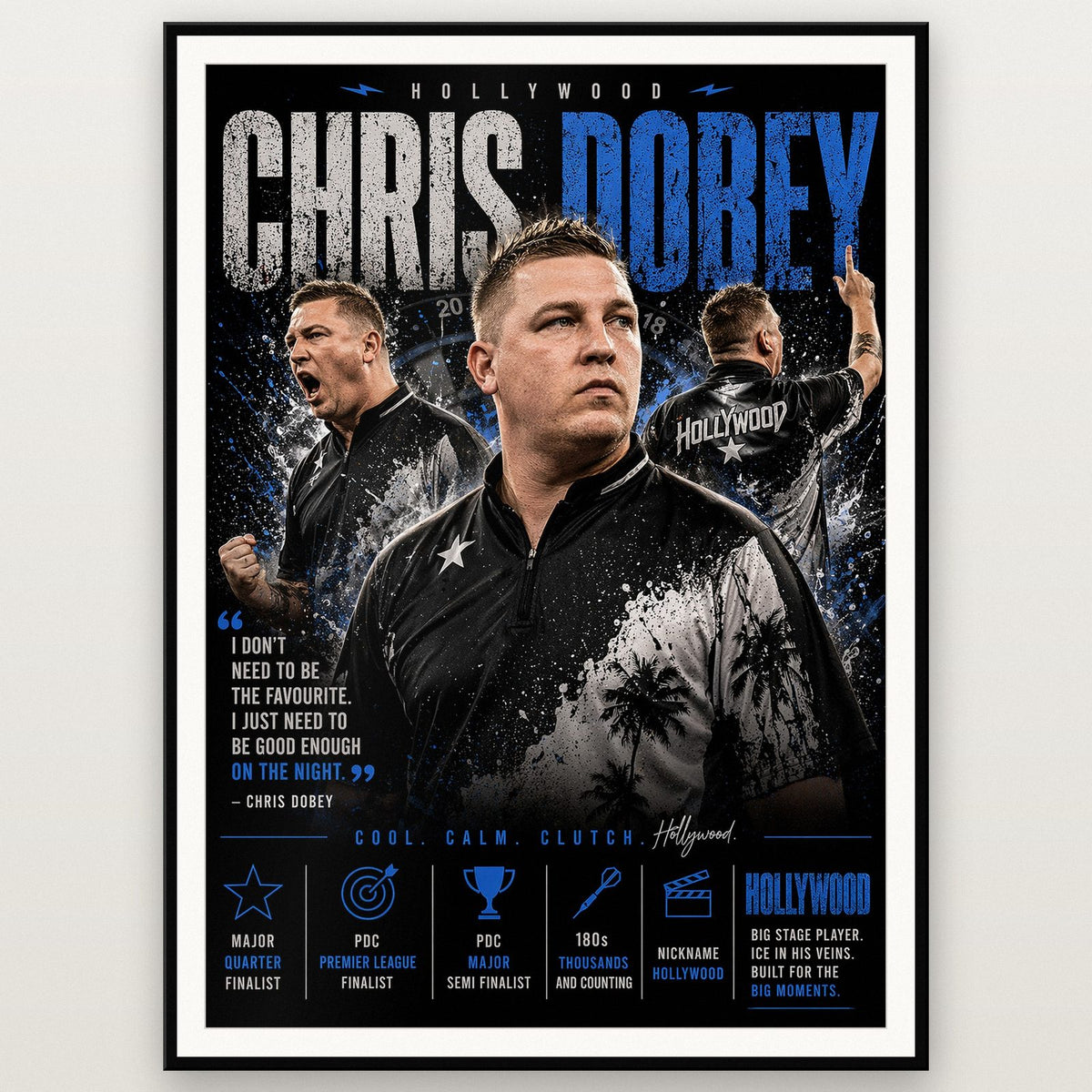 Chris Dobey "Hollywood" Darts Player Print shown in a black frame