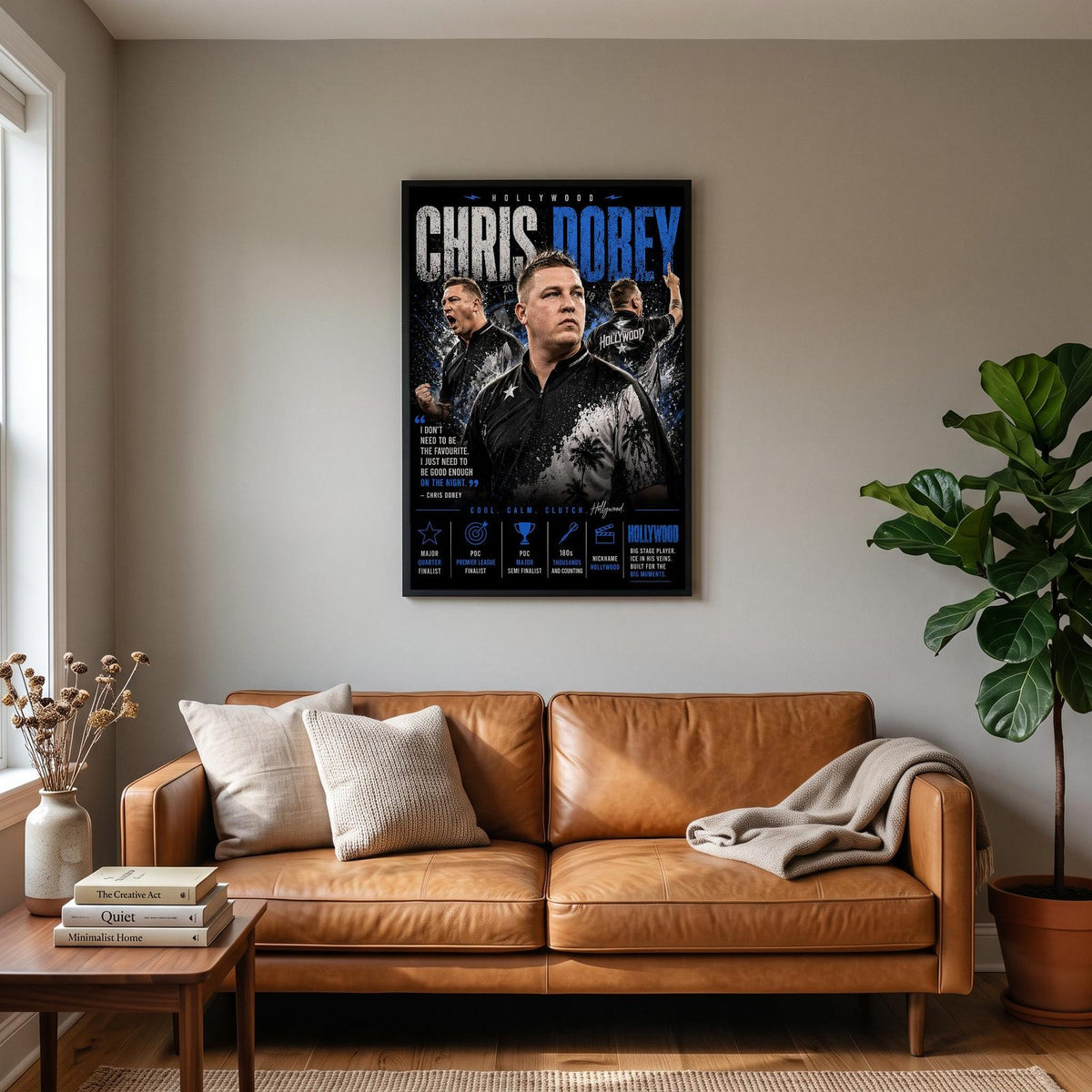 Chris Dobey "Hollywood" Darts Player Print hanging on a living room wall