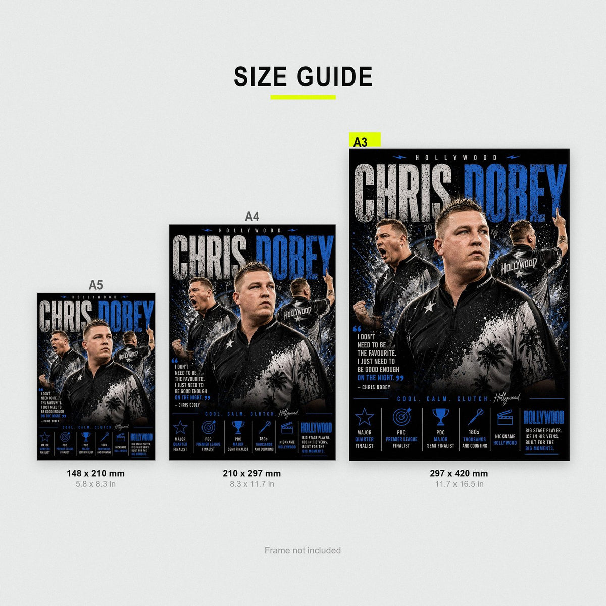 Chris Dobey "Hollywood" Darts Player Print size guide showing A3, A4 and A5
