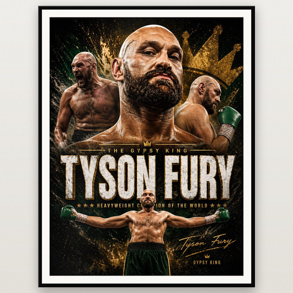 Tyson Fury The Gypsy King Boxing Print shown in a black frame