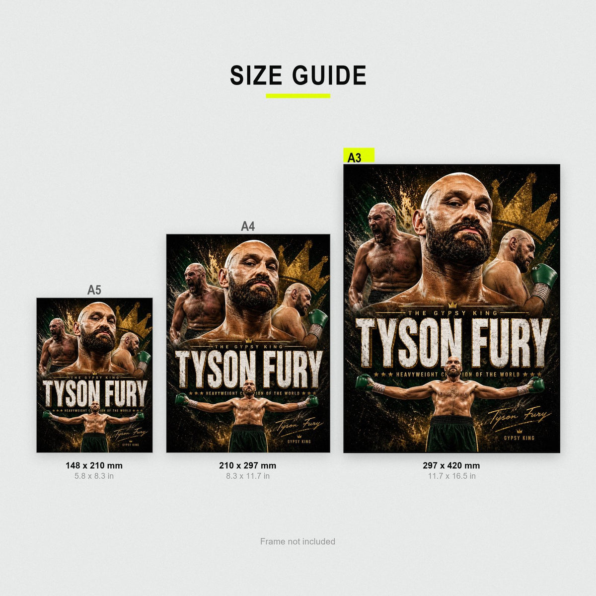 Tyson Fury The Gypsy King Boxing Print size guide showing A3, A4 and A5