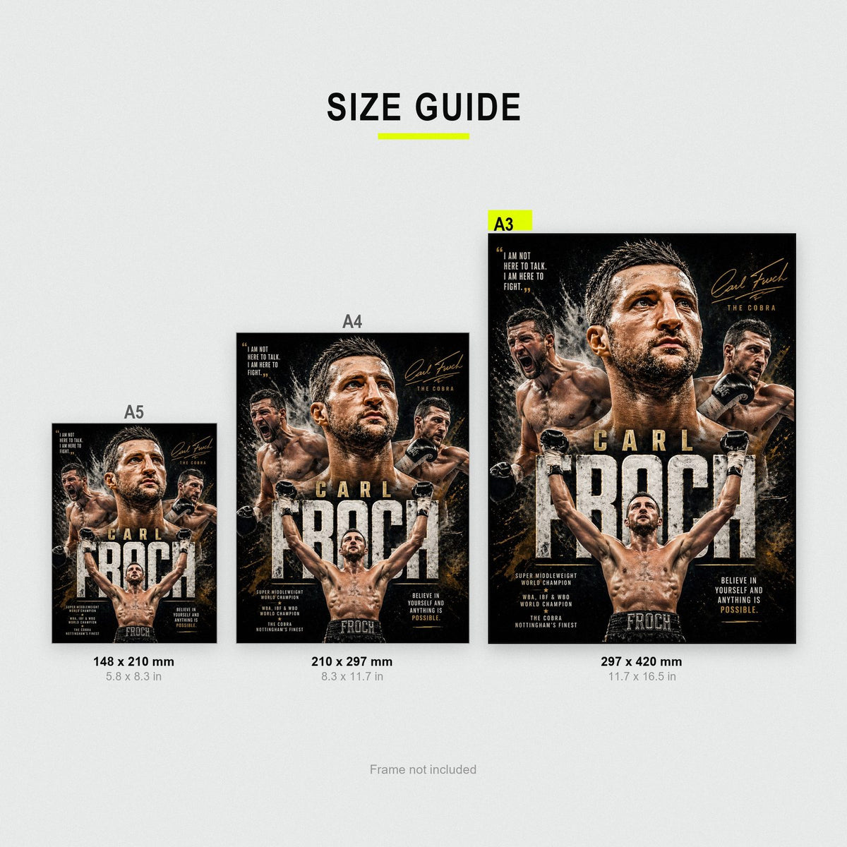 Carl Froch "The Cobra" Boxing Champion Print size guide showing A3, A4 and A5